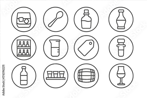 Whiskey Tasting Icons. Line style icons of tasting and bottling in round shape: glass of whiskey, tasting spoon, corked bottle,