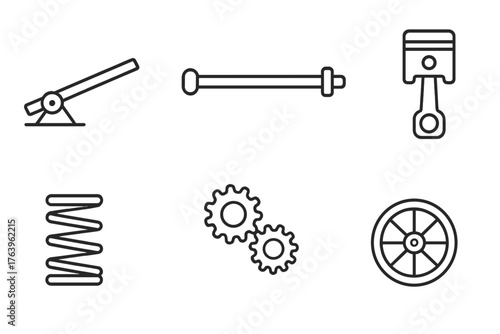 Energy Transfer Icons. Line style icons of Energy transfer: lever, axle, shaft, piston, spring coil, gear train, wheel, slider, No