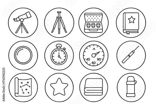 Amateur Astronomy Essentials. Line style round vector icons of Amateur Astronomy: Backyard Telescope, Tripod Setup, Eyepiece Case,
