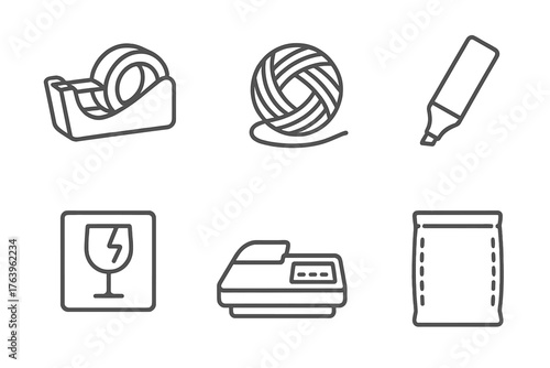 Postal Tool Icons. Line style icons of Postal Tools: Tape Dispenser, Box Cutter, Twine, Marker, Fragile Label, Postage Meter,
