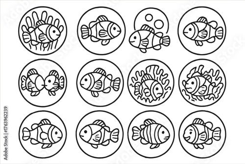 Clownfish Line Icons. Line style icons of clownfish in round shape: clownfish in anemone, solo clownfish, clownfish with bubbles,