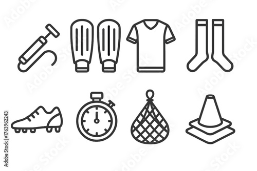 Soccer Equipment Icons. Line style icons of Soccer Equipment: Ball Pump, Shin Guards, Jersey, Socks, Cleats, Stopwatch, Net Bag,