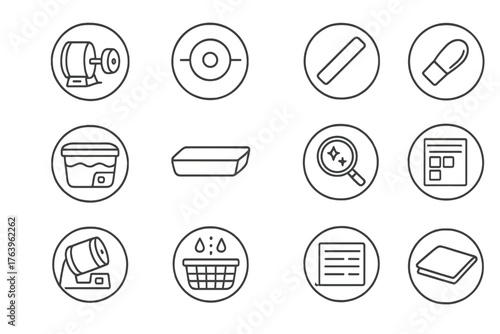 Silver Polishing Tools. Line style round vector icons of Silver Finishing: Polishing Motor, Rouge Wheel, Buffing Stick, Shine