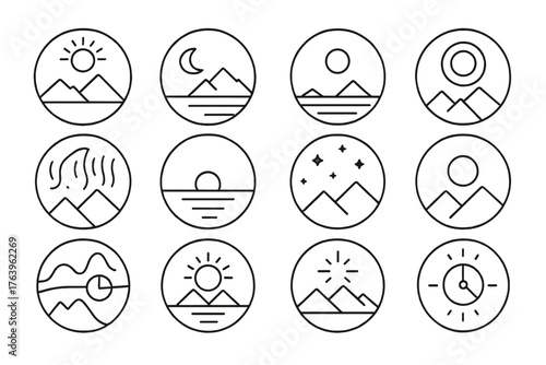 Polar Night and Day Icons. Line style round vector icons of Polar Night & Day Cycle: Midnight Sun, Polar Twilight, Long Shadow,
