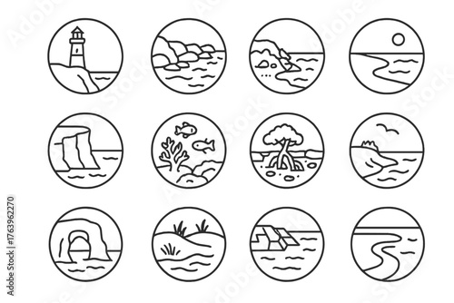 Coastal Line Art Icons. Line style round vector icons of Coastal Features: Lighthouse, Rocky Shore, Breakwater, Sandy Beach; Cliff