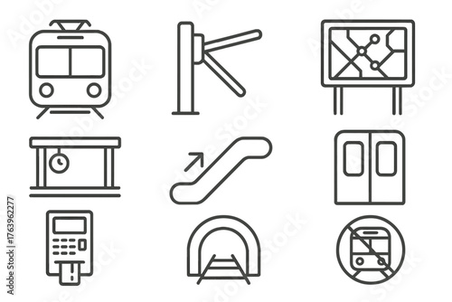 Metro Line Icons. Line style icons of Metro: Subway Car, Turnstile, Map Board, Platform, Escalator, Train Door, Ticket Machine,