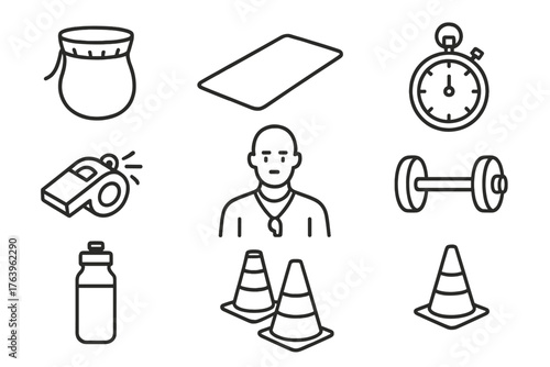 Training Gym Essentials. Line style icons of Training Gym: Chalk Bag, Mat, Stopwatch, Coach, Whistle, Dumbbell, Water Bottle,