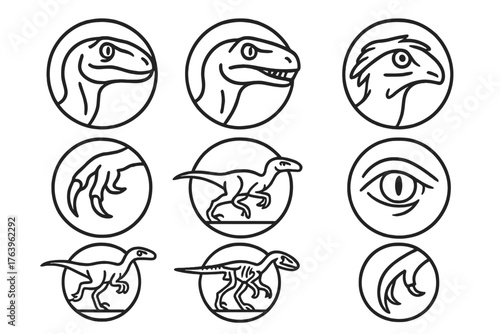 Raptors Line Art Icons. Line style icons of raptors and predators in round shape: Velociraptor, Allosaurus, Deinonychus, feathered