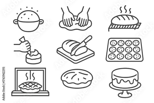 Line Style Baking Icons. Line style icons of Baking scenes: rising dough, kneading hands, loaf cooling, cake decorating, bread