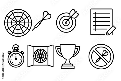 Darts Icon Set. Line style icons of Darts: Dartboard, Dart, Bullseye, Score Sheet, Chalk, Timer, Cabinet, Trophy Cup, No text, No
