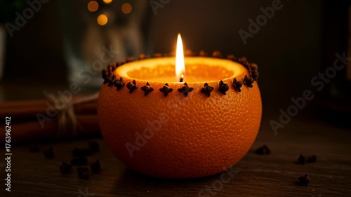 orange and clove homemade candle glowing warmly on wooden table during cozy evening