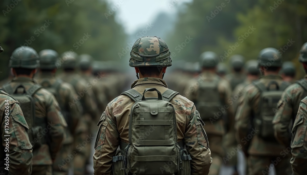 Obraz premium Soldiers in uniform march. Focus on back of one soldier, military personnel formation in outdoor setting. Army training, commitment to duty, national service, combat readiness concept. Armed forces.