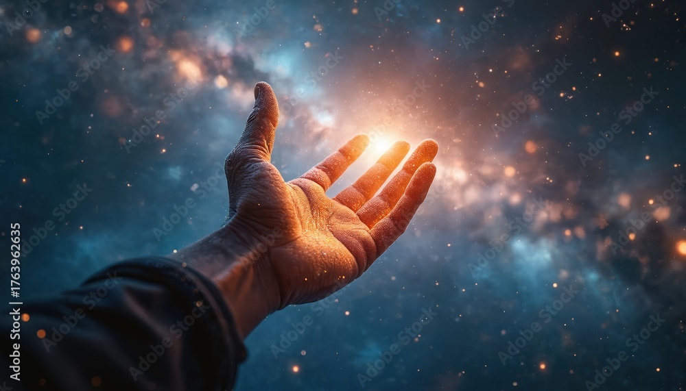 Fototapeta premium Cosmic hand reaches for starry sky. Universe scene, astral background with nebulae, bright light. Person touches stars, explores infinite space, astronomy, exploration concept.