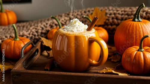 pumpkin spice latte with whipped cream surrounded by fall pumpkins and autumn leaves indoors