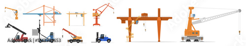 Various construction cranes illustration: mobile, tower, gantry, and telescopic designs