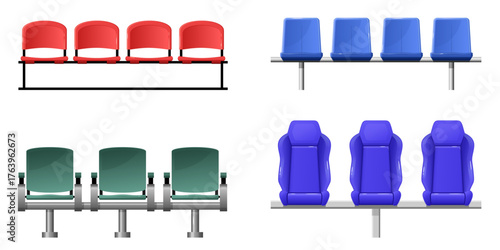 Colorful stadium seats: red, blue, green variations in rows