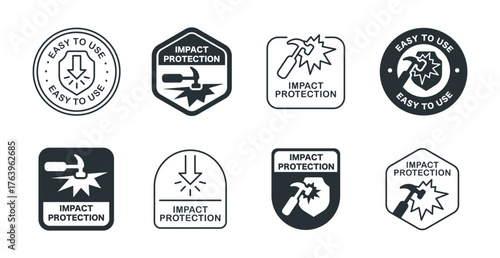 Impact protection and easy to use icons featuring hammer and shield designs