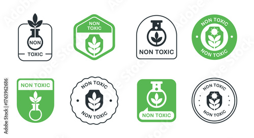 Set of non-toxic labels with plants and laboratory symbols in green and black