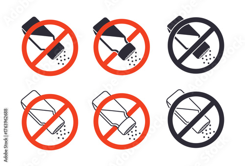 No salt shaker sign variations in red and black circular prohibition symbols