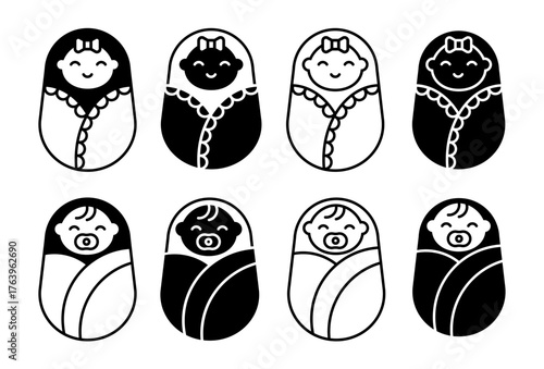 Diverse baby icons: smiling and swaddled in black and white variations