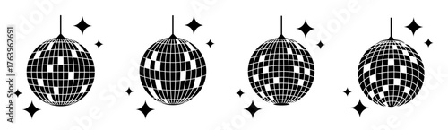 Set of four black disco balls with sparkling stars silhouettes on white background