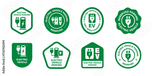 Green electric vehicle parking signs and icons for charging stations