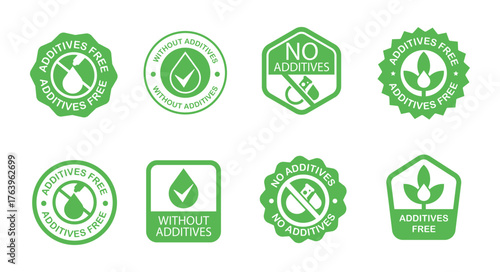 Green additives free and no additives labels collection in various shapes