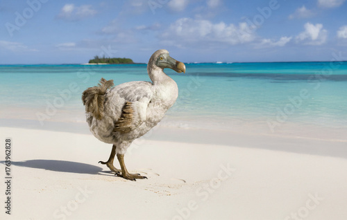 Close-up of a dodo bird on a tropical island, Mauritius. This extinct bird is depicted in its natural habitat among palm trees and sandy shores.