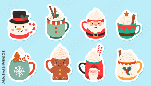 Christmas And New Year Sticker Mugs And Cups With Snowman Santa Elf Gingerbread Shapes, Hot Chocolate And Holiday Drinks Icons