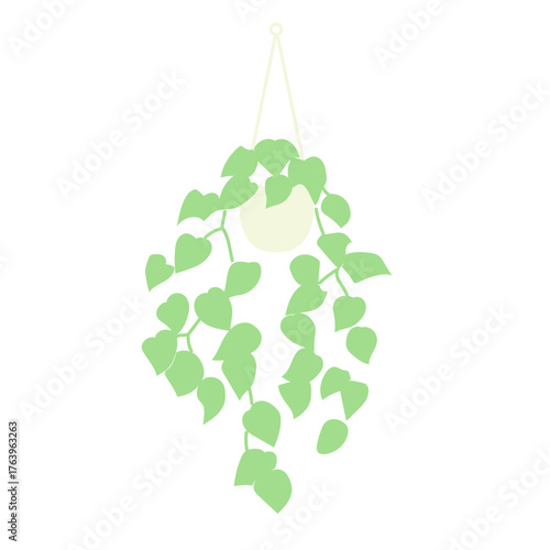 吊り鉢に垂れ下がるポトスの葉がやさしく揺れる観葉植物のベクターイラスト｜ナチュラルなインテリアを演出するグリーンのモチーフとしてリビングやカフェ空間に最適なデザイン