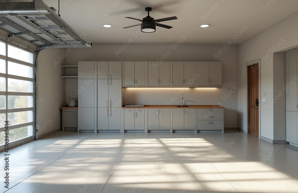 Fototapeta premium Modern, organized garage interior with cabinets, storage, natural light. Efficient space with a clean design. Large building, architecture, door. Empty room interior with lighting and ceiling fan.