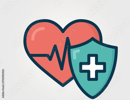 Heart with medical shield. Healthcare and health protection symbols. Isolated vector color image. Hand drawn original illustration.