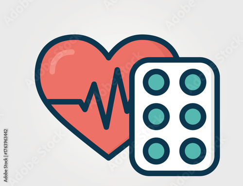 Heart with pill blister. Healthcare, cardiac and heart treatment symbol. Isolated vector color image. Hand drawn original illustration.