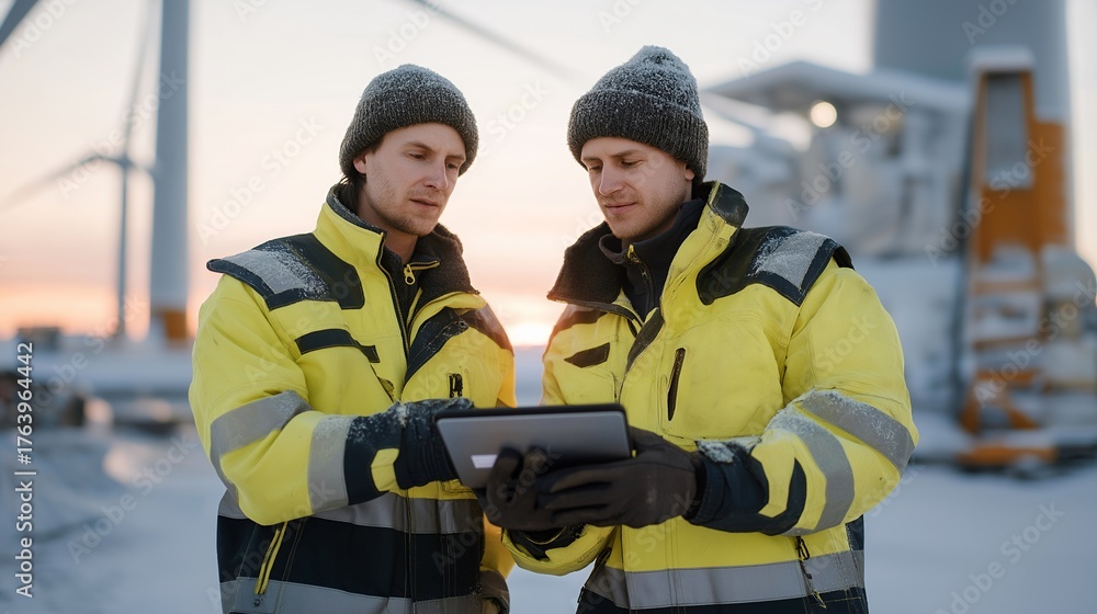 Obraz premium Two engineers in bright safety gear standing near turbine base surrounded by heavy snow, using holographic maintenance tablet — concept representing teamwork, AI-powered diagnostics, sustainable