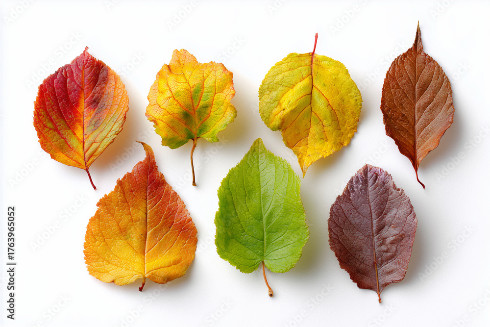 Obraz premium Bunte Herbstblätter auf weißem Hintergrund – Symbol für Jahreszeiten und natürliche Schönheit
