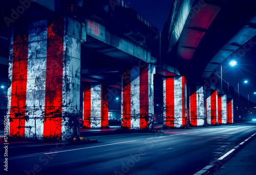 American flag colors cascade across concrete pillars under a highway overpass the rough textured surface absorbs and distorts the America red white and blue stripes