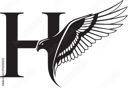 Hawk letter H illustration – sharp beak and extended wing fused with bold typography for strength branding, sports mascots, and dynamic animal-letter design.