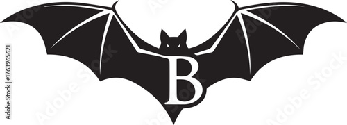Minimalist letter “B” with bat silhouette – black-and-white emblem fusing bold typography and nocturnal symbolism for branding, mystery themes, and creative identity design.