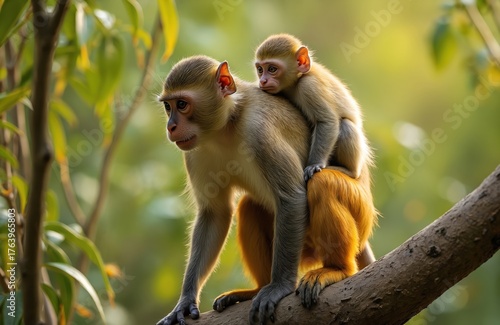 Common squirrel monkey with baby on its back resting on tree branch. Mom carries infant. Tropical rainforest wildlife animals family. Primate in nature. Adorable baby monkey. Amazon jungle.