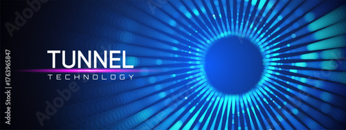 Quantum tunnel with abstract portal and matrix for network background. Geometric circuit and algorithm for software design. AI data and mesh for digital texture grid.