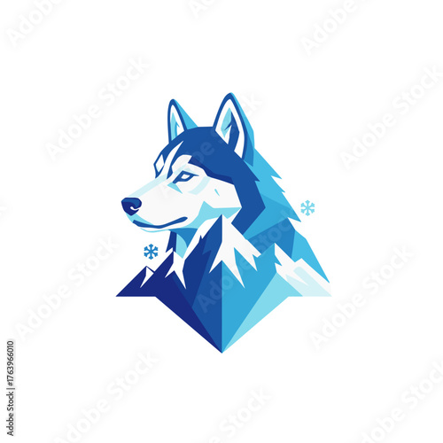 Stylized husky dog head, geometric design, winter theme, cool colors, vibrant illustration