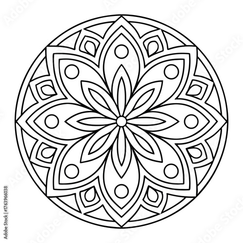 Intricate adult floral coloring book style detailed ornamental mandala with precise symmetrical floral and paisley elements in clean black and white illustration