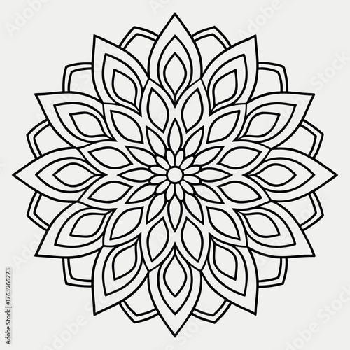 Intricate adult floral coloring book style hand-drawn mandala with detailed floral and vine patterns in elegant black and white circular line illustration