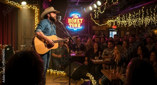 Live acoustic music performance in cozy bar venue with string lights and engaged audience, intimate concert atmosphere with warm lighting