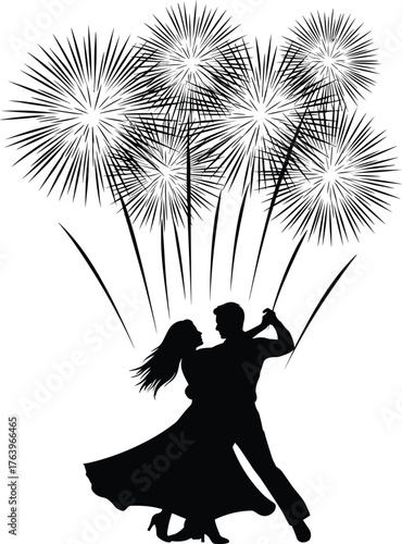 Silhouetted couple dancing joyfully beneath a spectacular burst of fireworks