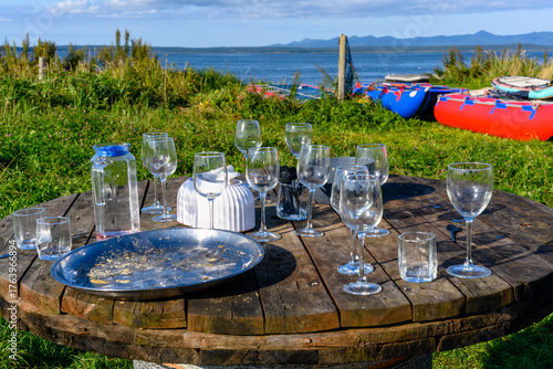 Gathering leftovers at a sunny riverside setting with a view of distant mountains