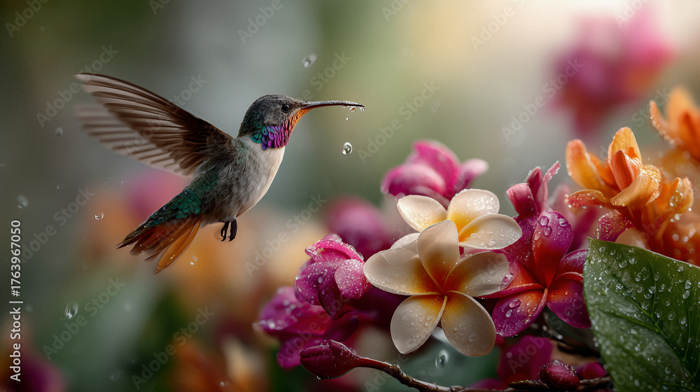 Fototapeta premium Kolibri im Flug zwischen bunten Blüten – Symbol für Leichtigkeit und Leben