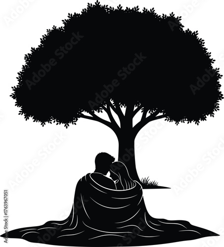 Silhouetted couple embracing under a large sprawling tree s canopy on a serene day