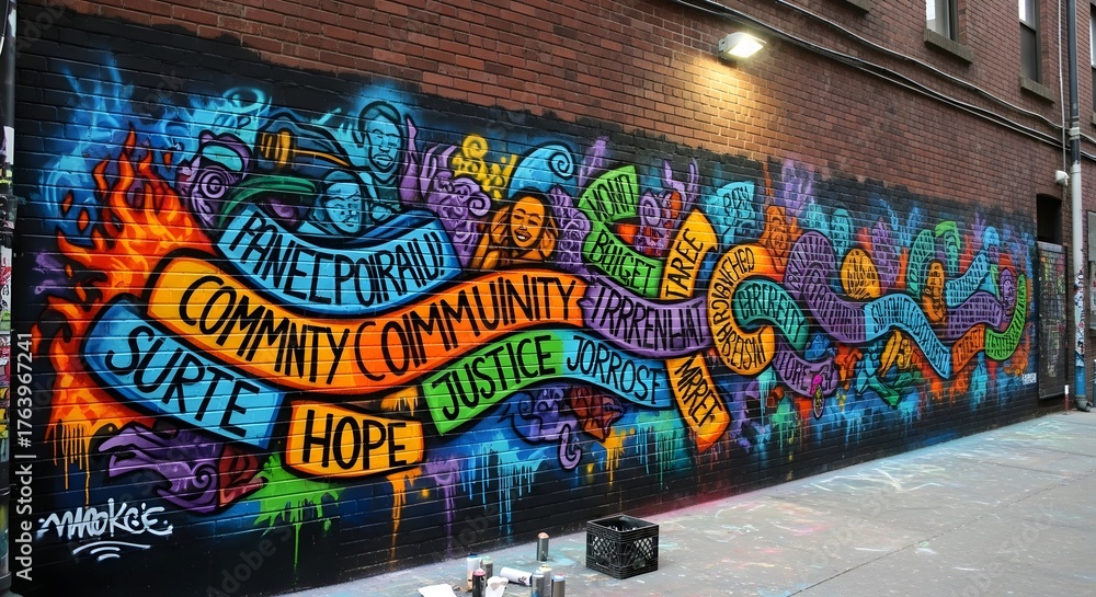Obraz premium Colorful urban graffiti mural on brick building featuring positive message and vibrant street art characters in contemporary public art style
