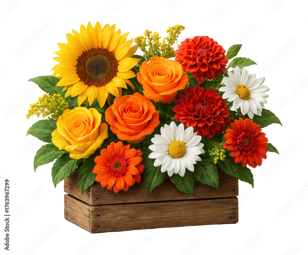 Obraz premium Vibrant floral display in a rustic wooden crate, ideal for dining table centerpieces.